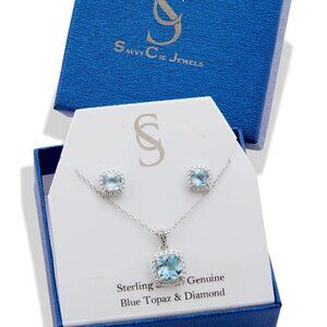 Savvy Cie Jewels Blue Topaz and Diamond Pendant Necklace- NIB